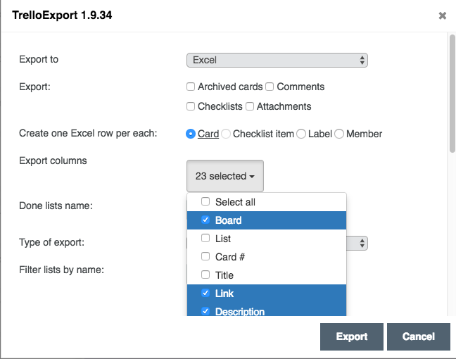 Choose columns to export